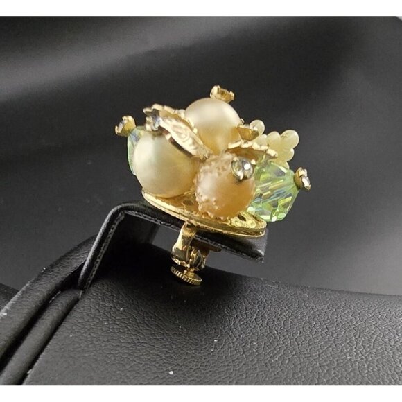 Vntg Vendome Gold-Tone Clip-On Earrings Faux Pearls & Aurora Borealis STUNNING - Picture 7 of 7